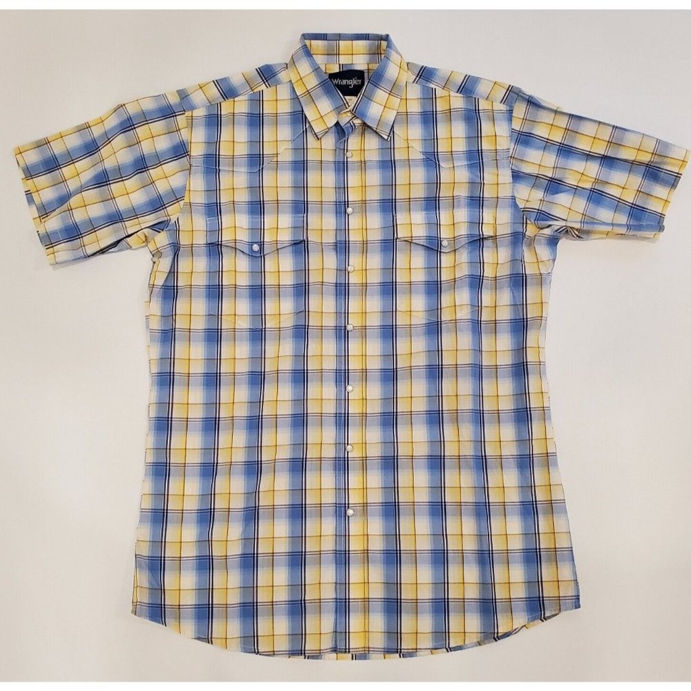 Wrangler Button Up Shirt Men's Large Pearl Snap Western Rodeo Cowboy Blue Yellow